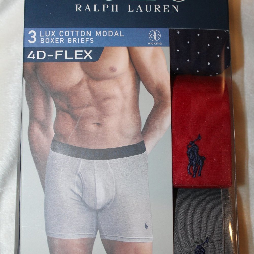 NIB POLO‎ RALPH LAUREN MEN'S 4D FLEX 3 PACK BOXER BRIEFS GRAY BLUE RED